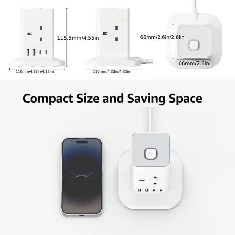 4 WAY TOWER EXTENSION LEAD WITH USB SLOT SURGE PROTECTION POWER STRIP 1.5m UK