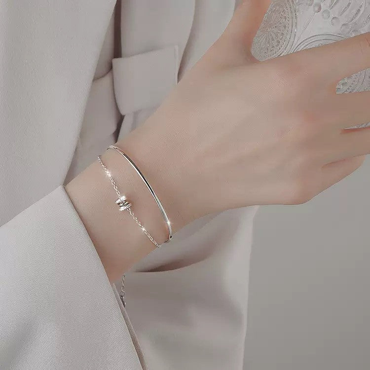 925 Sterling Silver Crystal Double Layer Fashion Charm Bracelet Women Jewellery