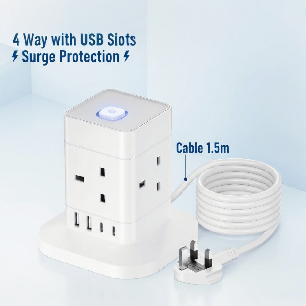 4 WAY TOWER EXTENSION LEAD WITH USB SLOT SURGE PROTECTION POWER STRIP 1.5m UK