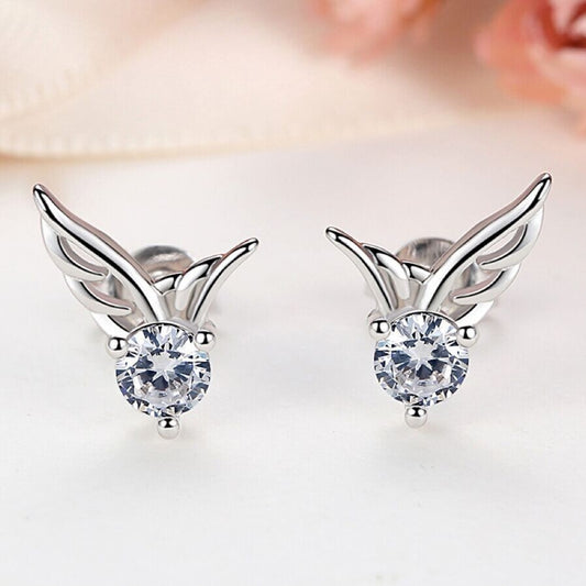925 Sterling Silver Crystal Angel Wing Stud Earrings Women Girls Jewellery Gift