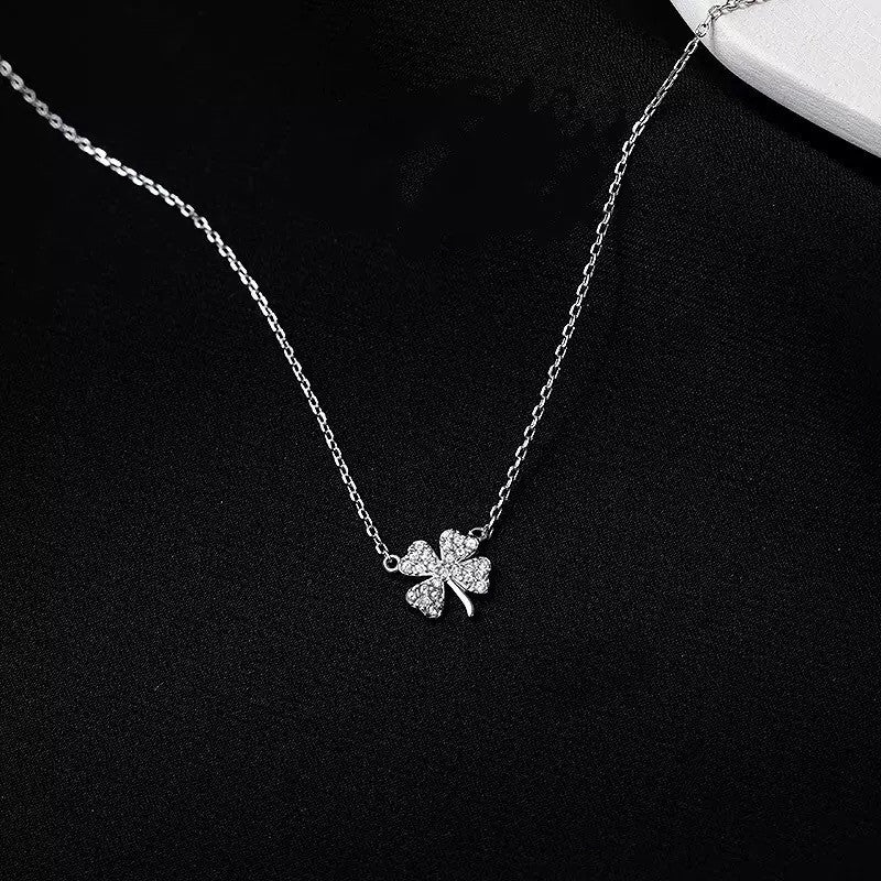 925 Sterling Silver Crystal Clover Flower Pendant Necklace Women Jewellery Gift