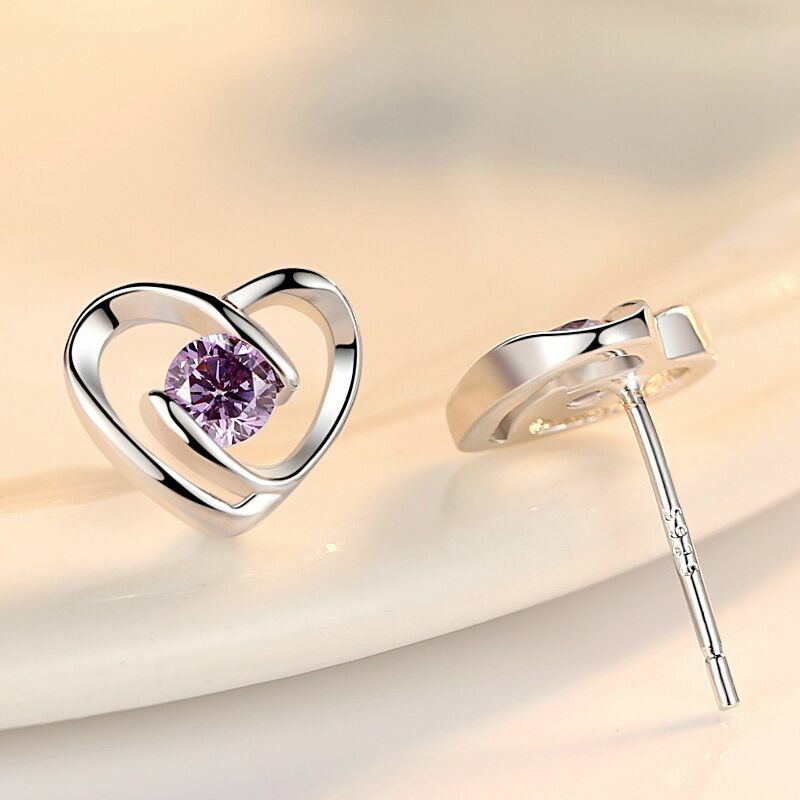Women Crystal Purple Stone Heart Stud Earrings 925 Sterling Silver Jewellery UK