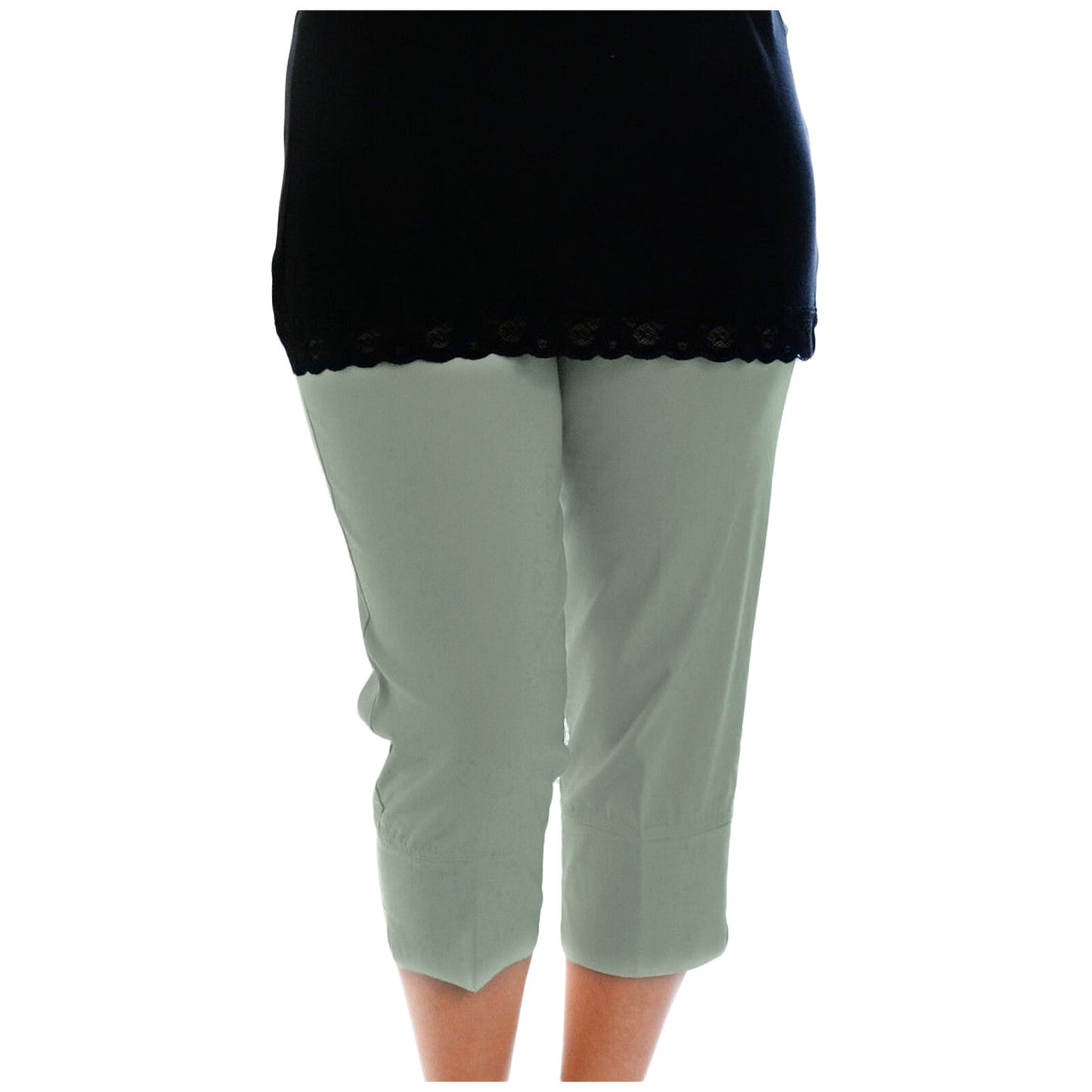 WOMENS LADIES 3/4 TROUSERS STRETCH ELASTICATED WAIST PLAIN CROPPED PLUS BIG SIZE