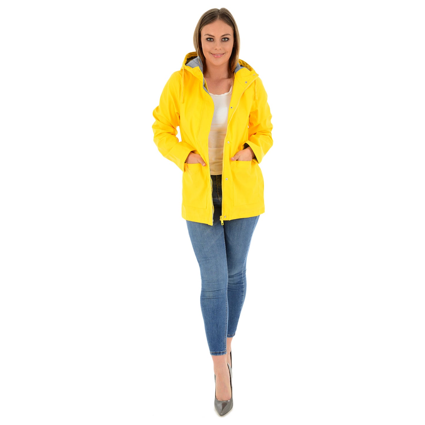 LADIES RAINCOAT WOMENS WATERPROOF FESTIVAL HOODED COAT PARKA RUBBERISED JACKET