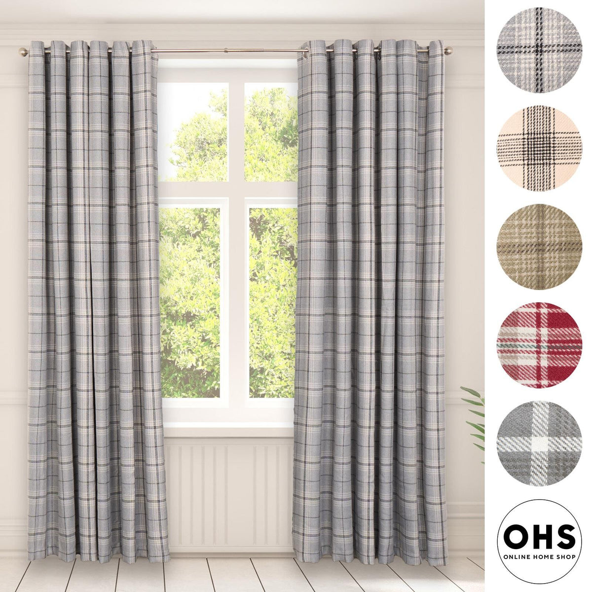 OHS Check Eyelet Curtains Pair Thermal Ring Top Textured Woven Ready Made