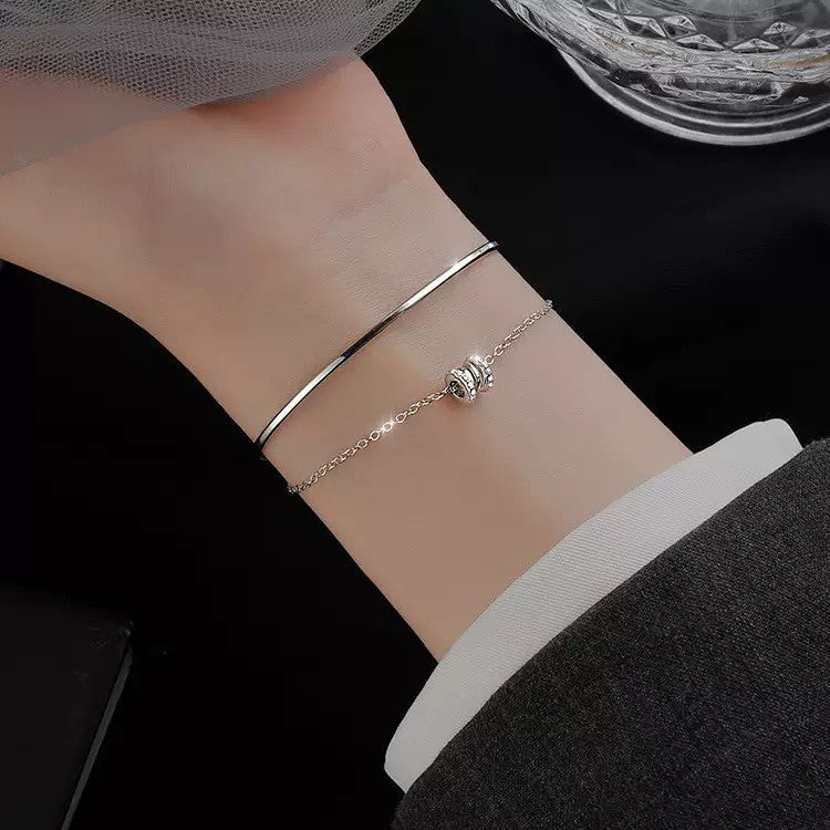 925 Sterling Silver Crystal Double Layer Fashion Charm Bracelet Women Jewellery
