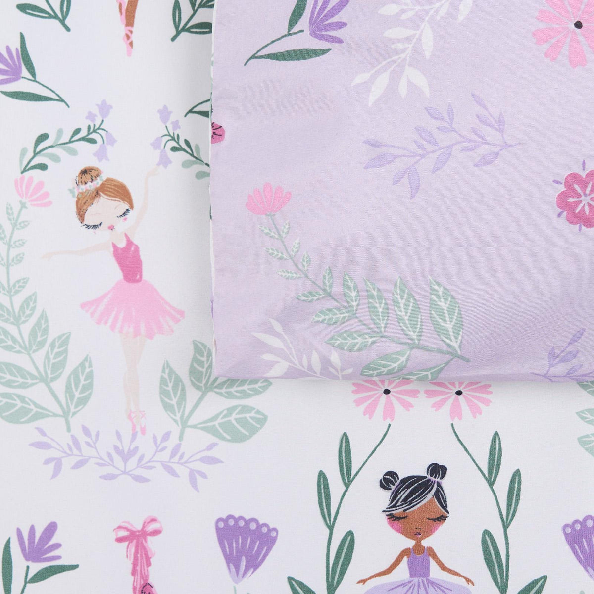 Reversible Duvet Cover Set Kids Ballerina Soft Floral Quilt Pillowcases Bedding