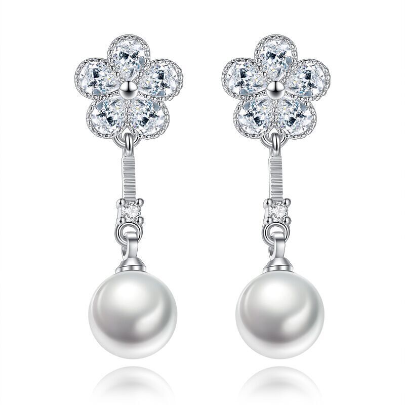 925 Sterling Silver Crystal Flower Pearl Drop Stud Earrings Jewellery Women Gift