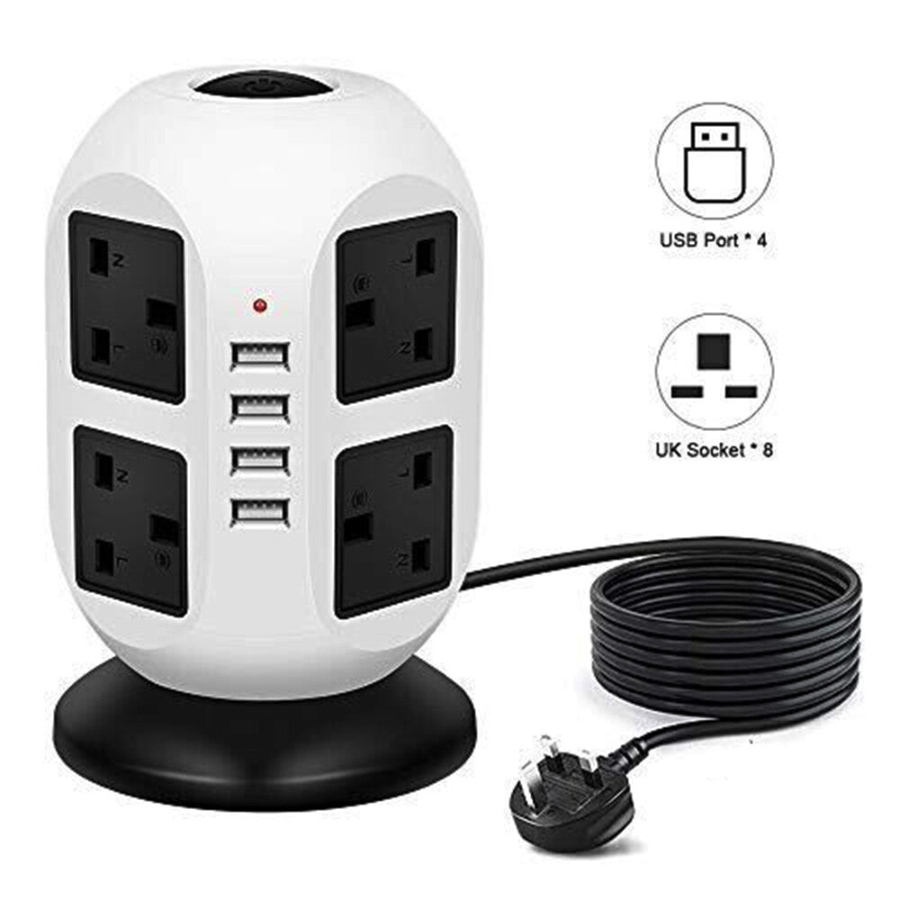 8/10 Way Tower Power Extension Lead 3M With 4 USB Ports UK Plug Surge Protected