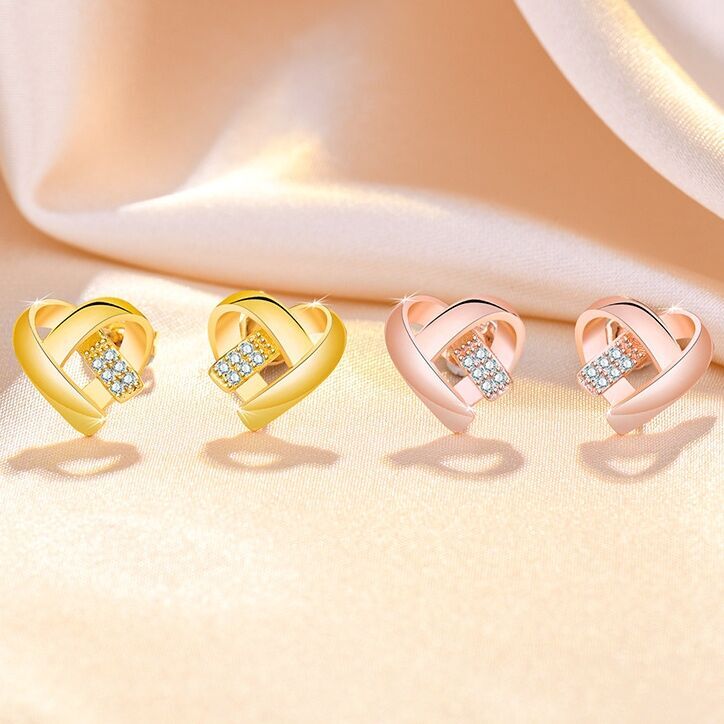 Women Girls Crystal Love Heart Stud Earrings 18K Gold Plt Jewellery Gift UK