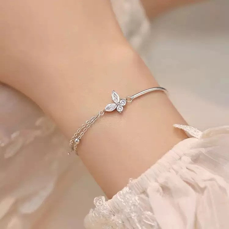 925 Sterling Silver Crystal Butterfly Double Layer Bracelet Women Jewellery Gift