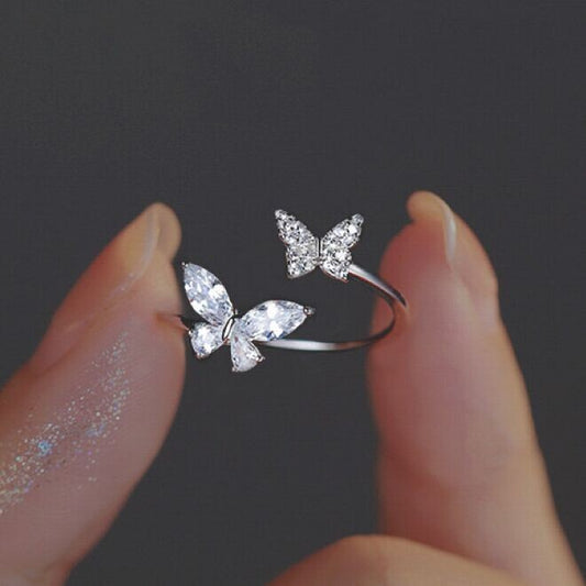 925 Sterling Silver Crystal Butterfly Adjustable Ring Women Girls Jewellery Gift
