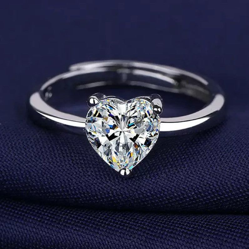 925 Sterling Silver Crystal Heart Adjustable Ring Women Girls Jewellery Gift UK