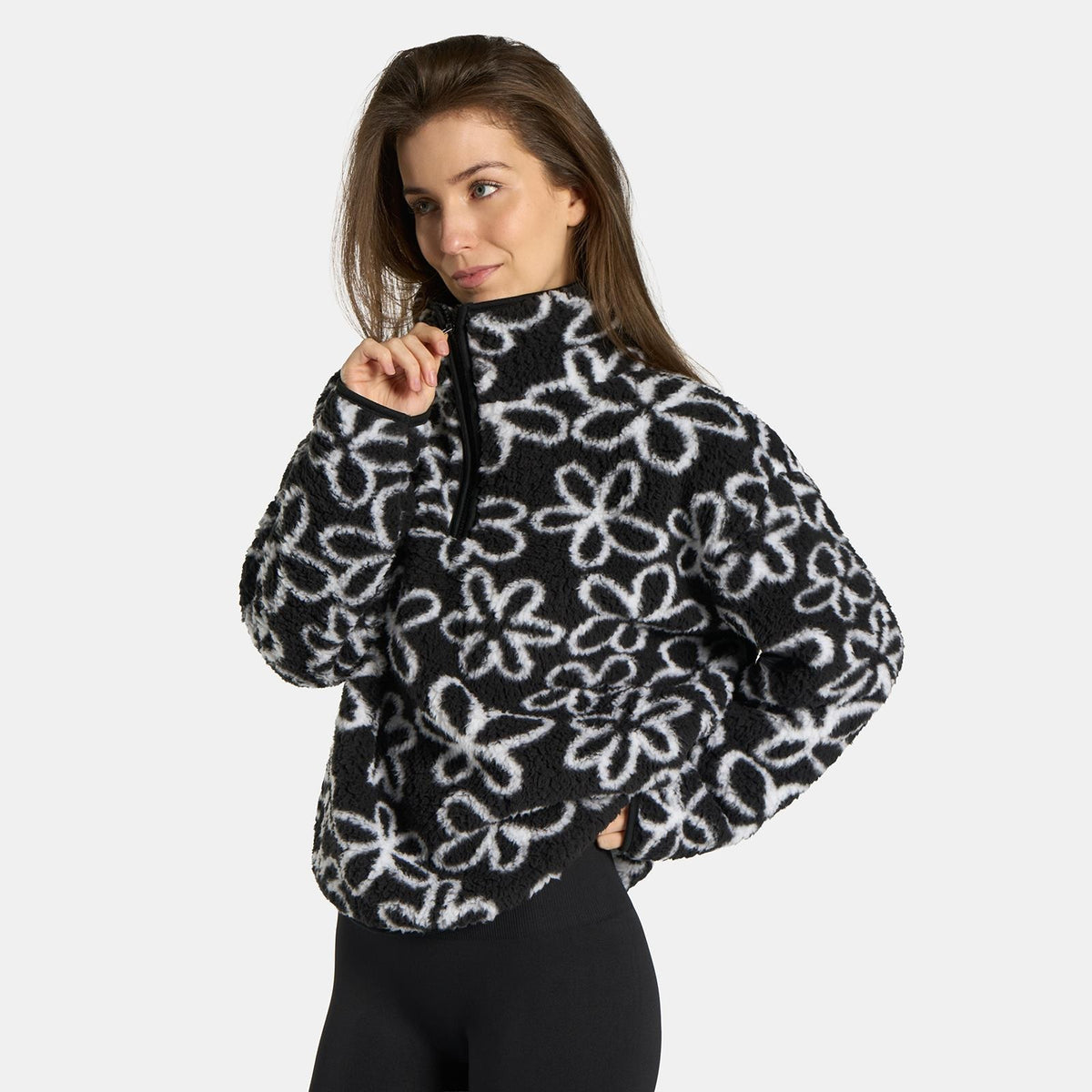OHS Print Teddy Fleece Half Zip Jumper Womens Pullover Sweatshirt Long Sleeve