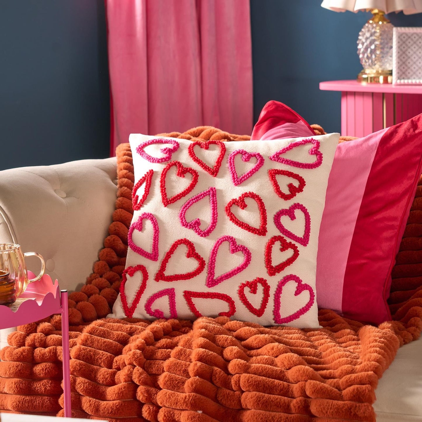 OHS Tufted Hearts Cushion Faux Linen Decor Filled Pillow Back Support