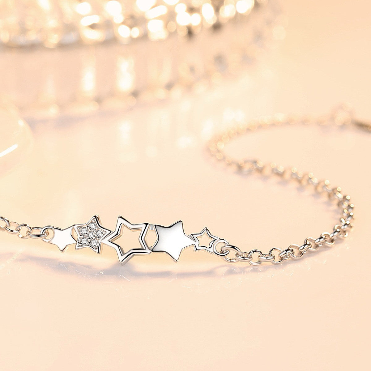 925 Sterling Silver Crystal Star Linked Charm Bracelet Women Jewellery Gift