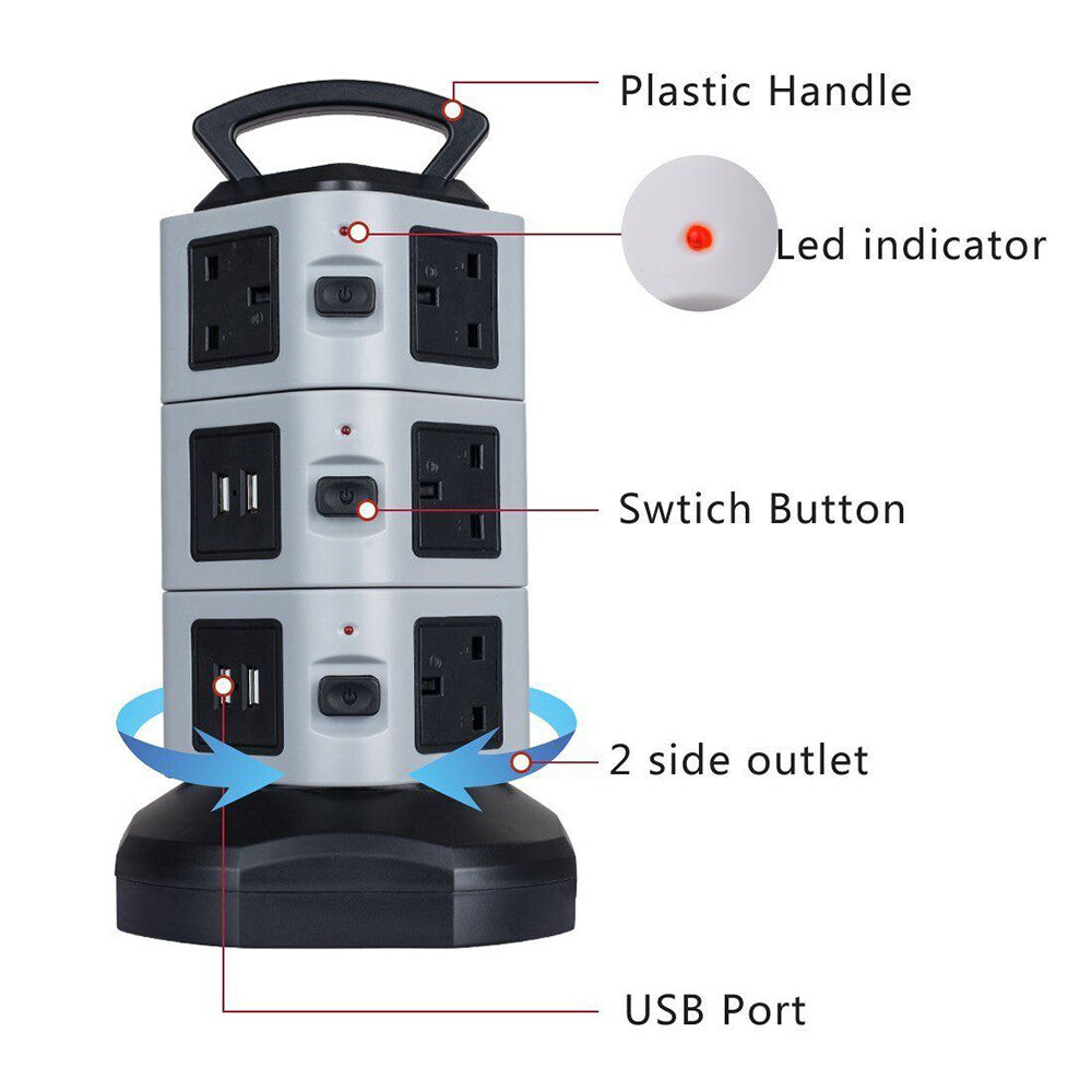 8/10 Way Tower Power Extension Lead 3M With 4 USB Ports UK Plug Surge Protected