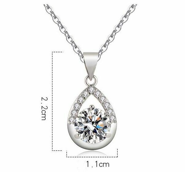Womens 925 Sterling Silver Crystal Water Drop Pendant Chain Necklace Jewellery