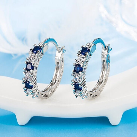 925 Sterling Silver Blue Crystal Hoop Earrings Jewellery Women Girls Gift UK