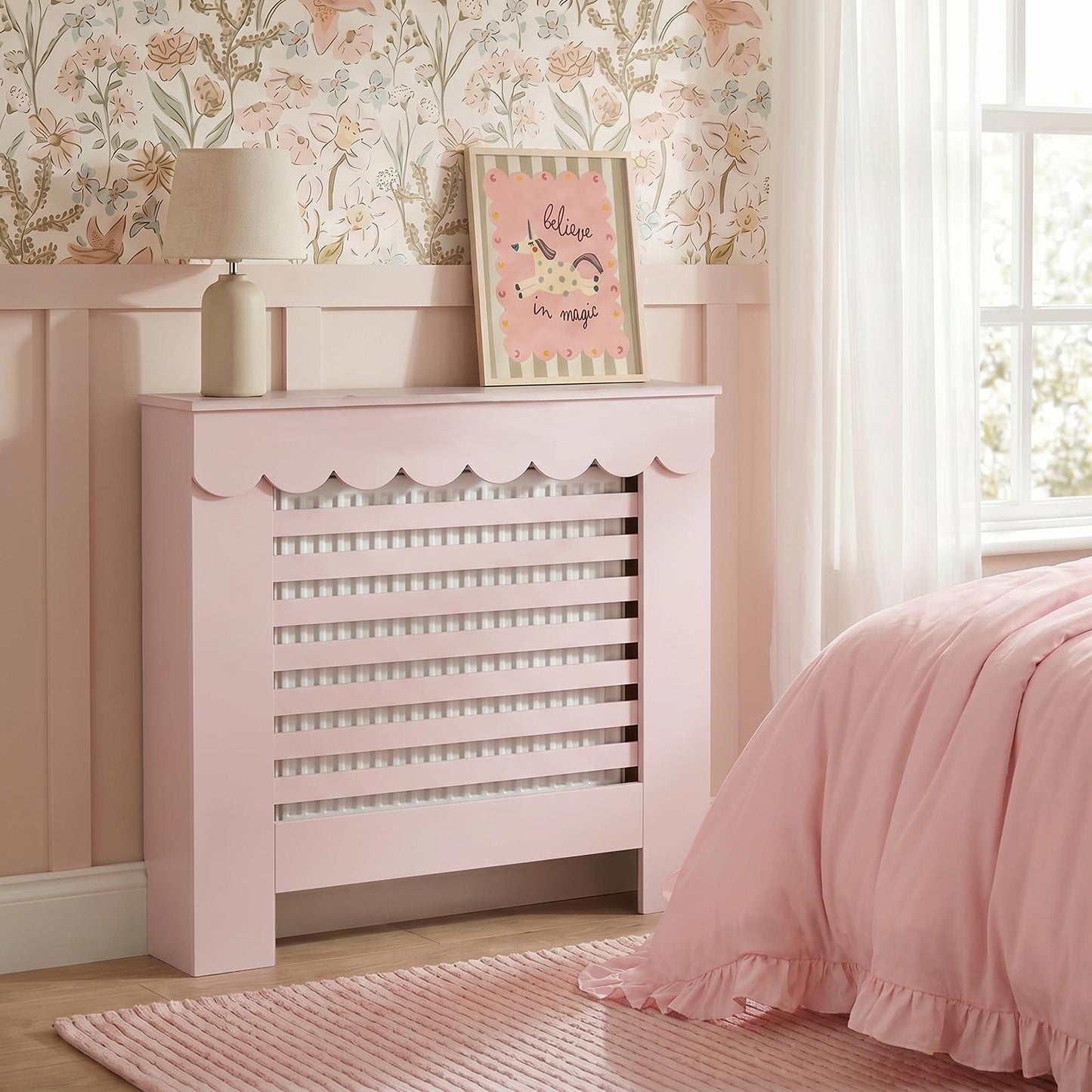 OHS Scallop Radiator Cover Engineered Wood Modern Side Board Cabinet Shelf