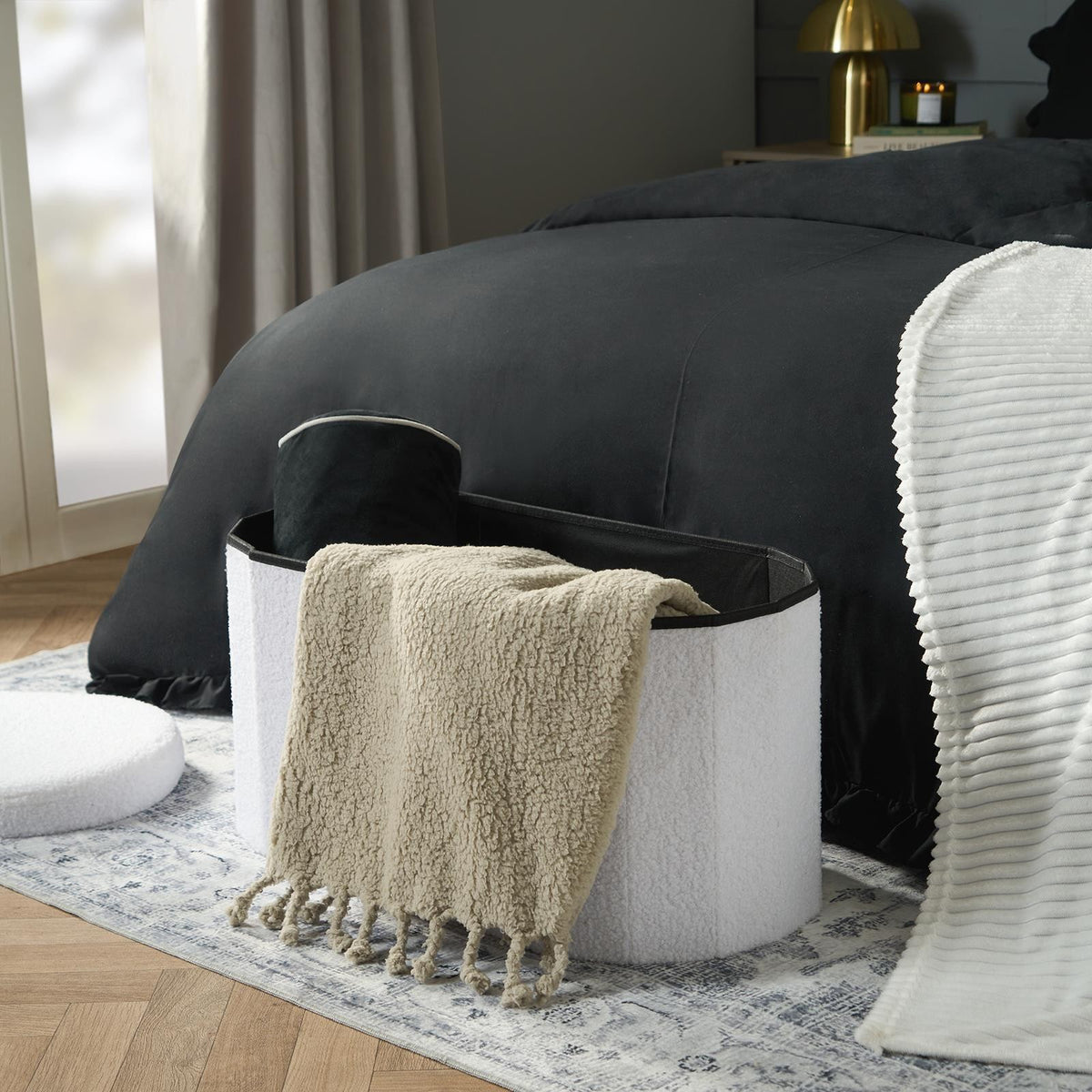 OHS Ottoman Boucle Storage Box Folding Footstool Cube Round Rectangle