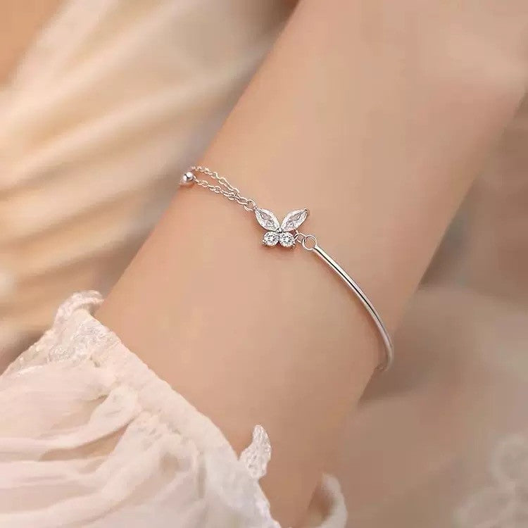 925 Sterling Silver Crystal Butterfly Double Layer Bracelet Women Jewellery Gift