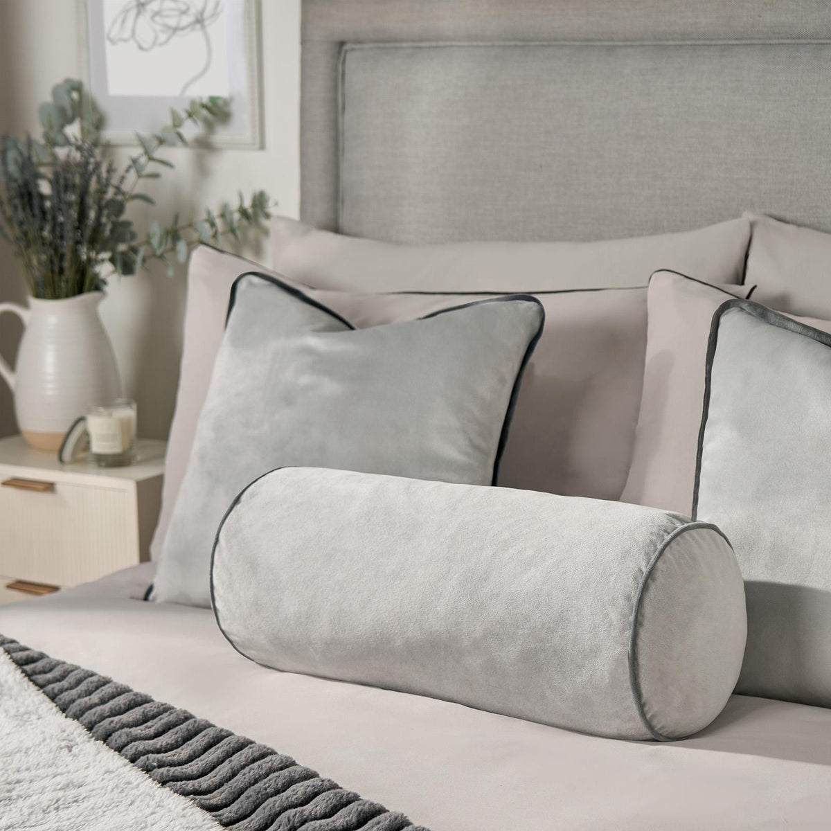 OHS Piped Edge Bolster Cushion Matte Velvet Bedroom Sofa Plump Filled Pillow