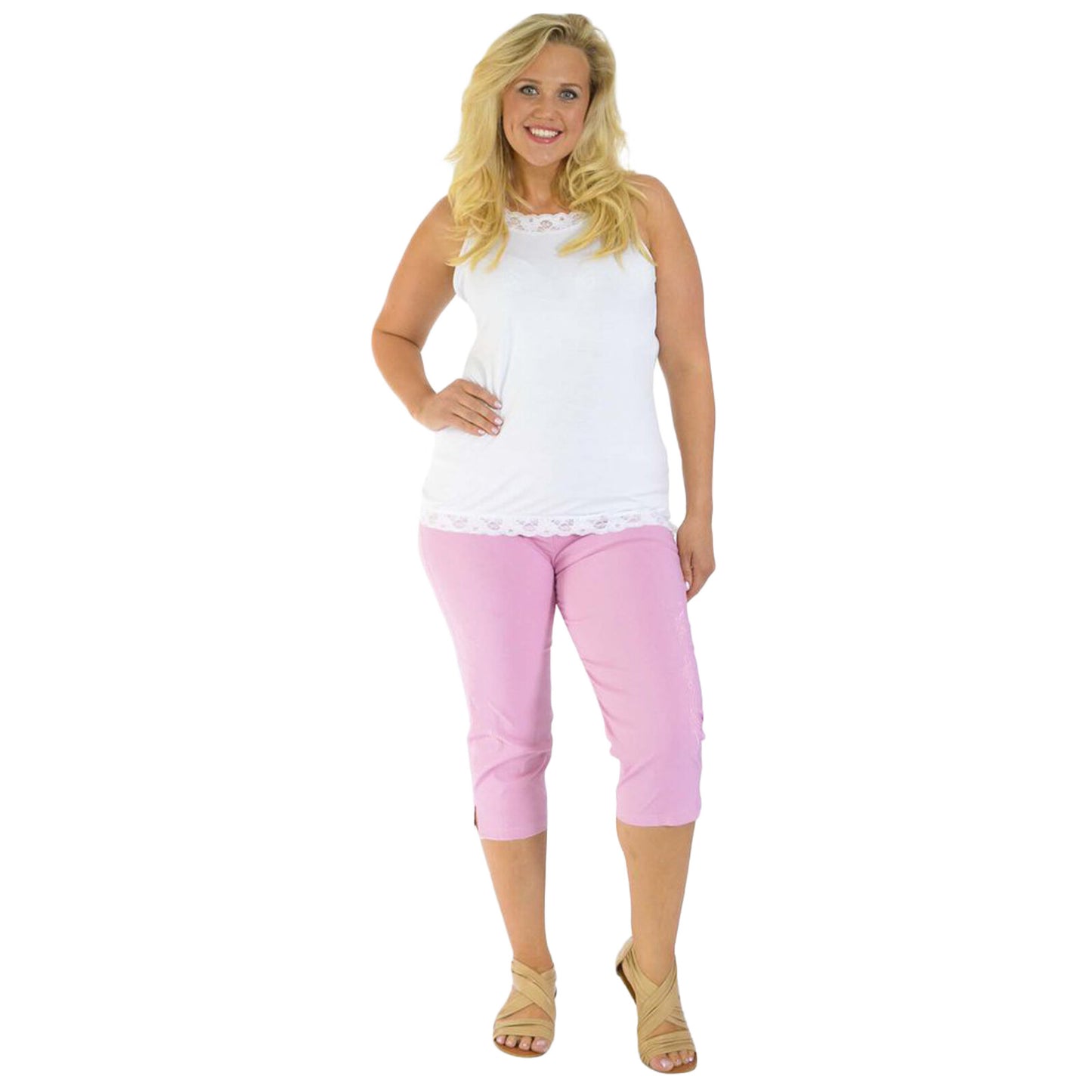3/4 LENGTH WOMENS LADIES STRETCH ELASTICATED WAIST PLAIN PANTS CROPPED TROUSERS