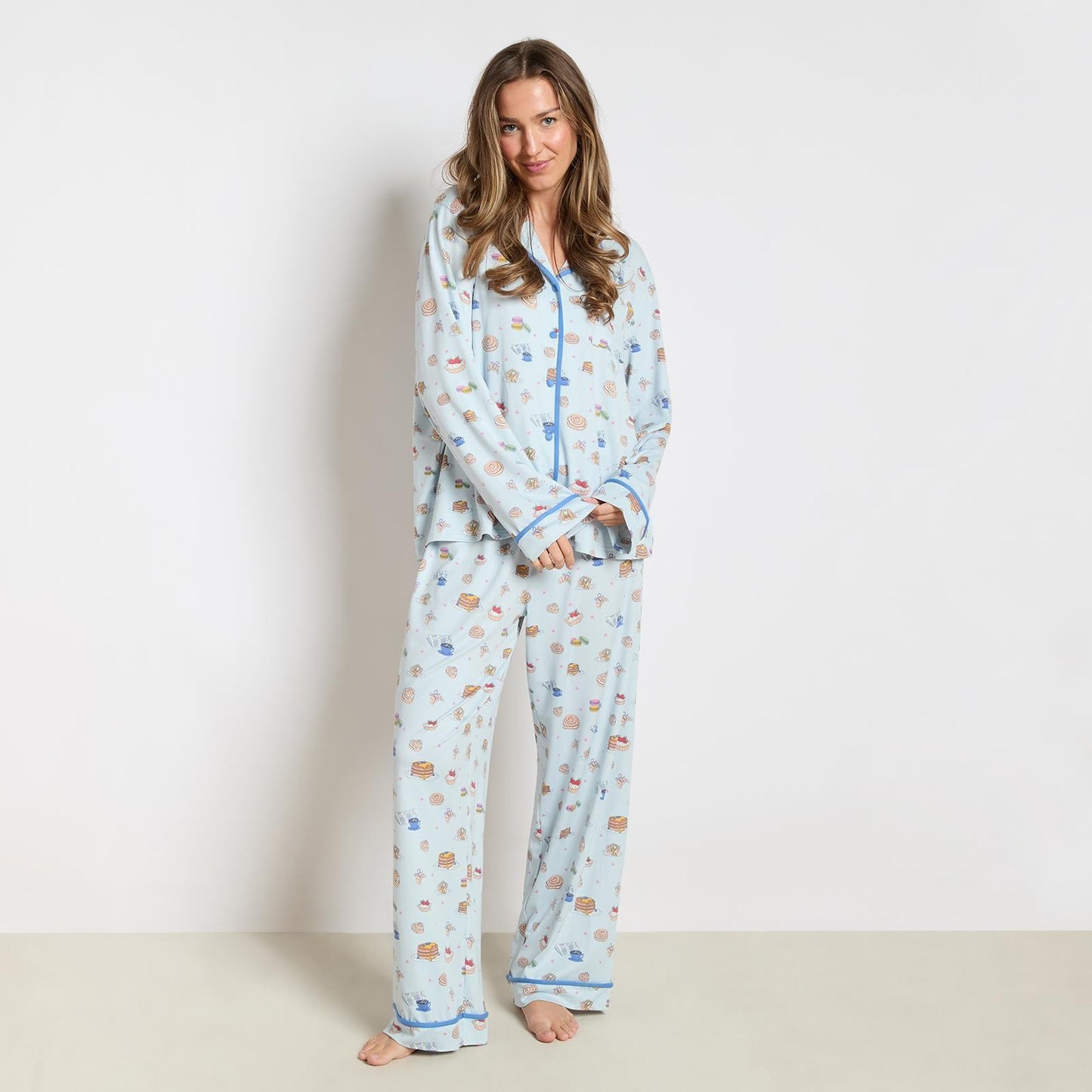 OHS Printed Piped Pyjama Set Jersey Button Through Nightwear Loungewear