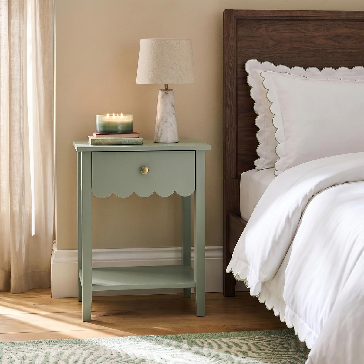 OHS Scallop Bedside Wood Nightstand 1 Drawer Storage Unit End Table Home Decor