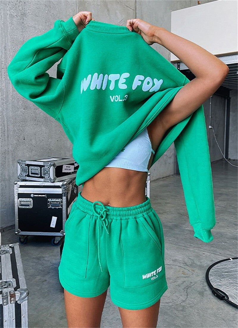 2 Piece Black @ Fox @ Boutique Womens Top Tracksuits Shirts Shorts Pants Set UK