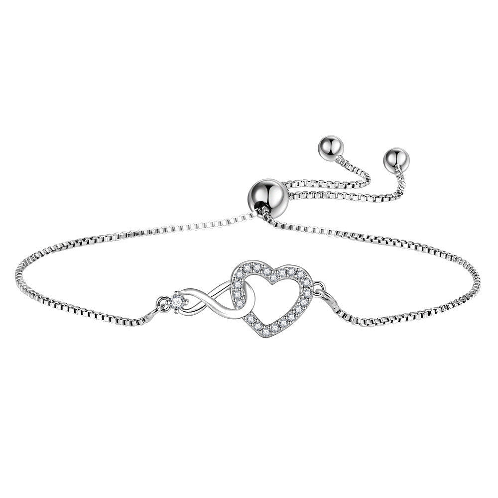 925 Sterling Silver Crystal Heart Fahsion Adjustable Bracelet Women Jewellery