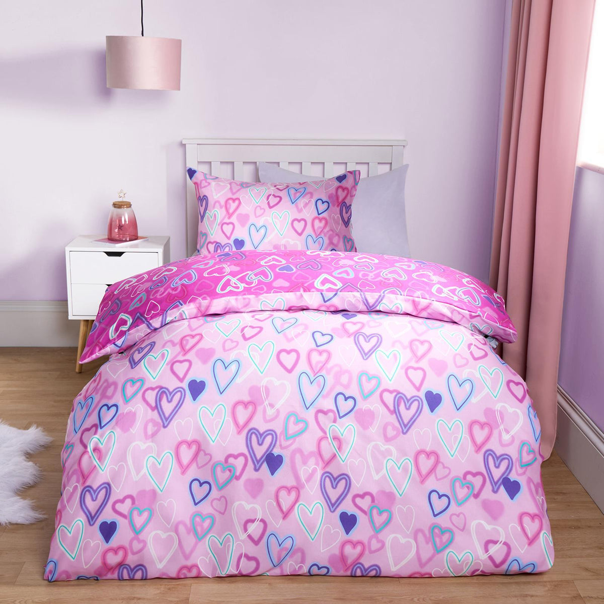Neon Heart Duvet Cover Bedding Set Reversible with Pillowcase Kids Single Double