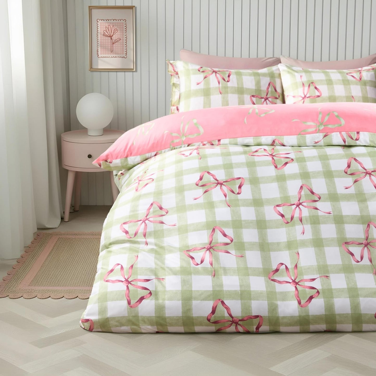 OHS Bow Gingham Bedding Set Microfibre Reversible Duvet Cover with Pillowcase