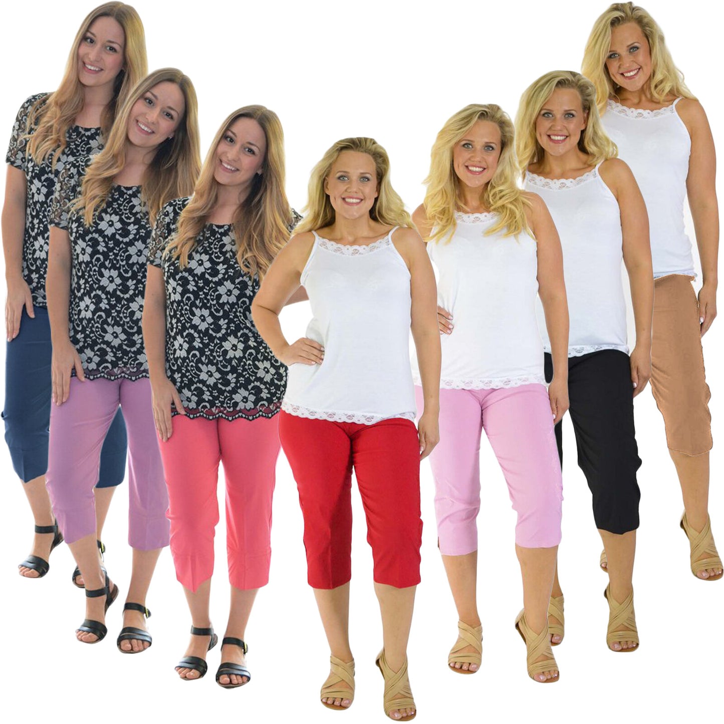 WOMENS LADIES 3/4 TROUSERS STRETCH ELASTICATED WAIST PLAIN CROPPED PLUS BIG SIZE