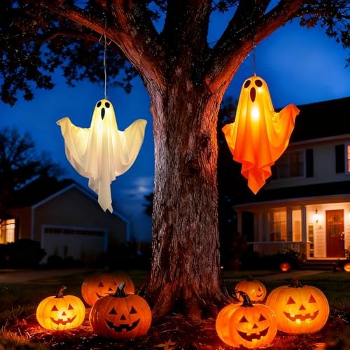 2Pcs Halloween Ghost Decorations Hanging LED Light Up Spooky Outdoor Yard Decor