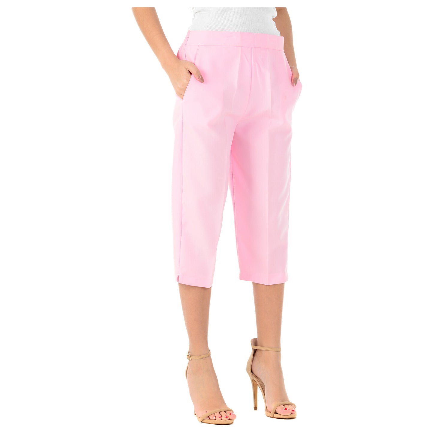 3/4 LENGTH WOMENS LADIES STRETCH ELASTICATED WAIST PLAIN PANTS CROPPED TROUSERS