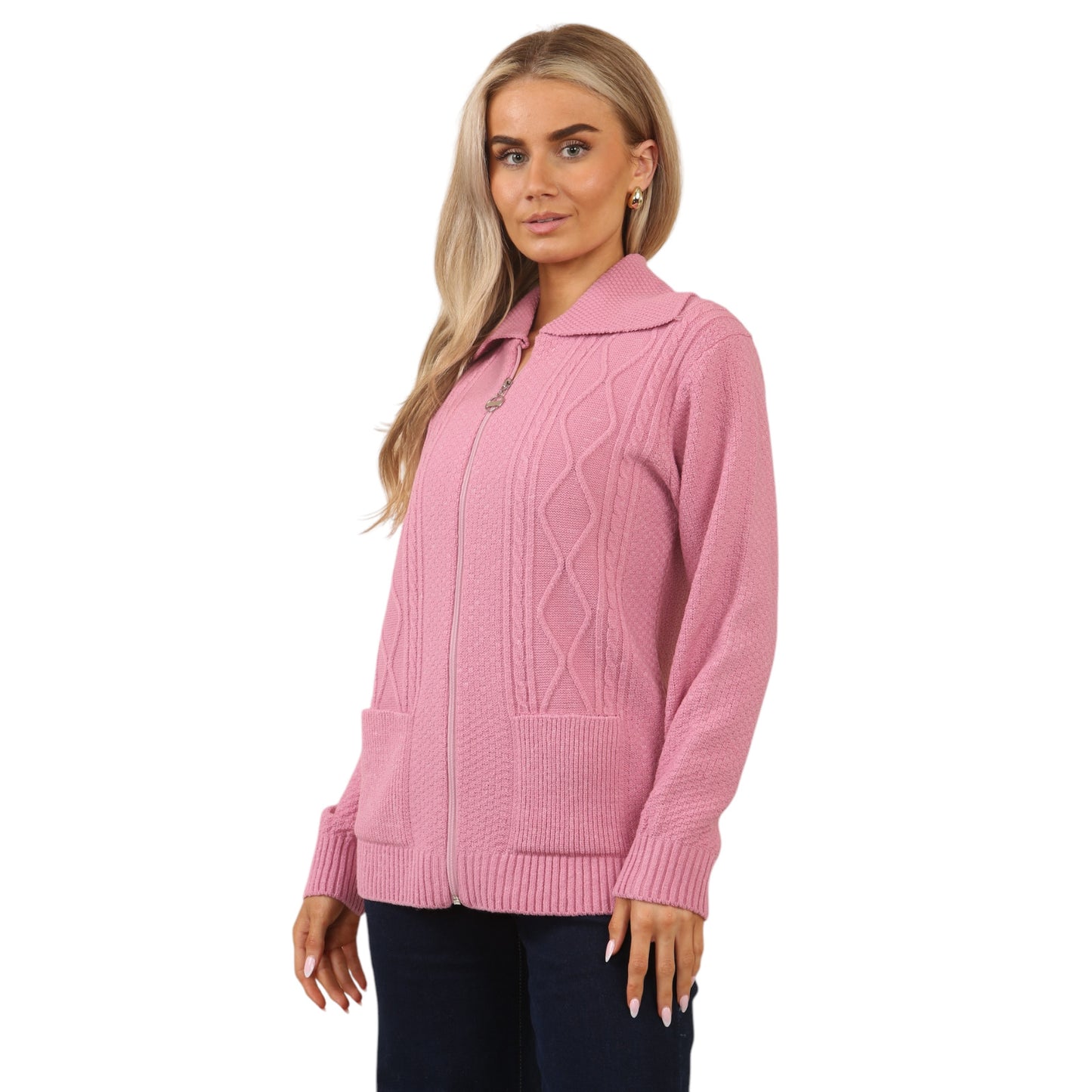 WOMENS ZIP UP CARDIGAN LADIES DIAMOND CABLE KNIT LONG SLEEVES SWEATER TOP JUMPER