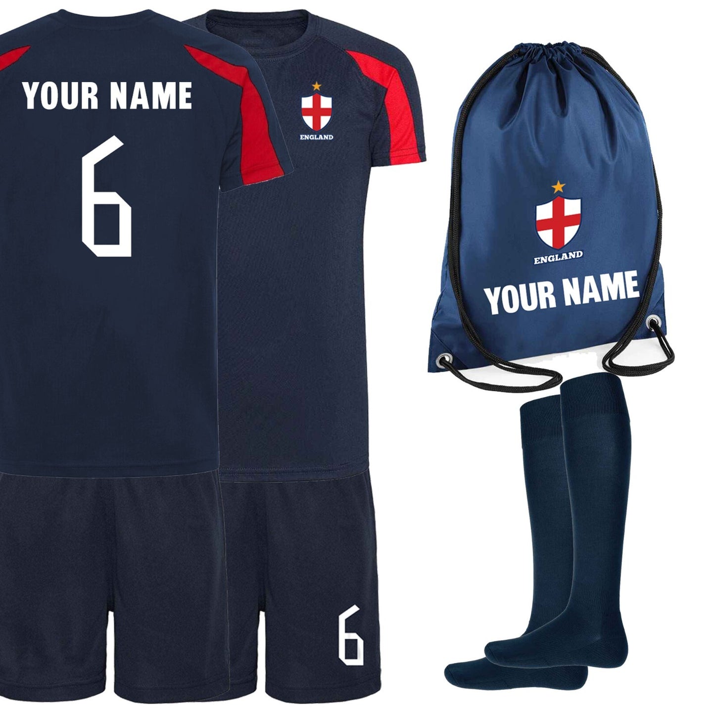 Personalised Kids England Style Home Football Kit Shirt Shorts Socks & Bag