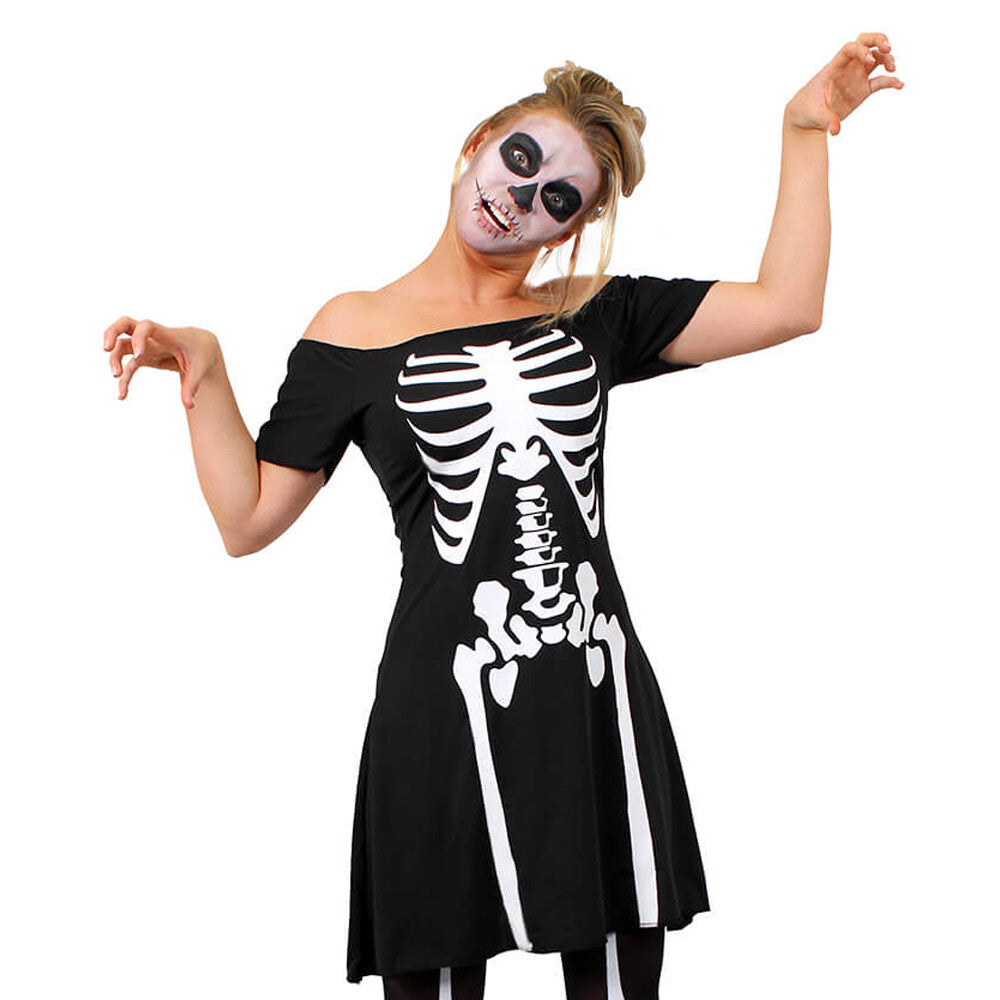 LADIES SKELETON COSTUME BLACK SKATER DRESS HALLOWEEN FANCY DRESS SIZES UK 6/18