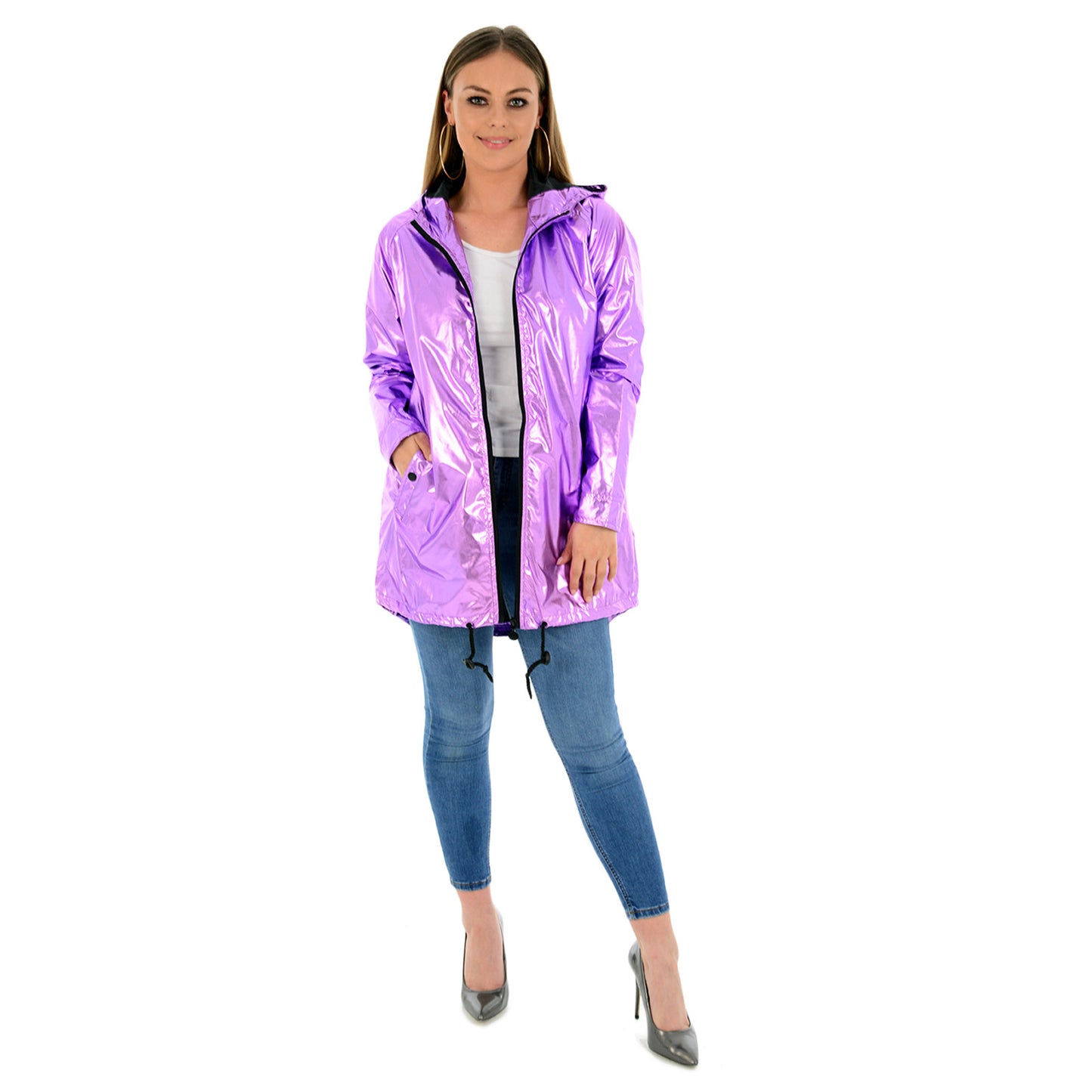 LADIES RAINCOAT WOMENS WATERPROOF FESTIVAL HOODED COAT PARKA RUBBERISED JACKET