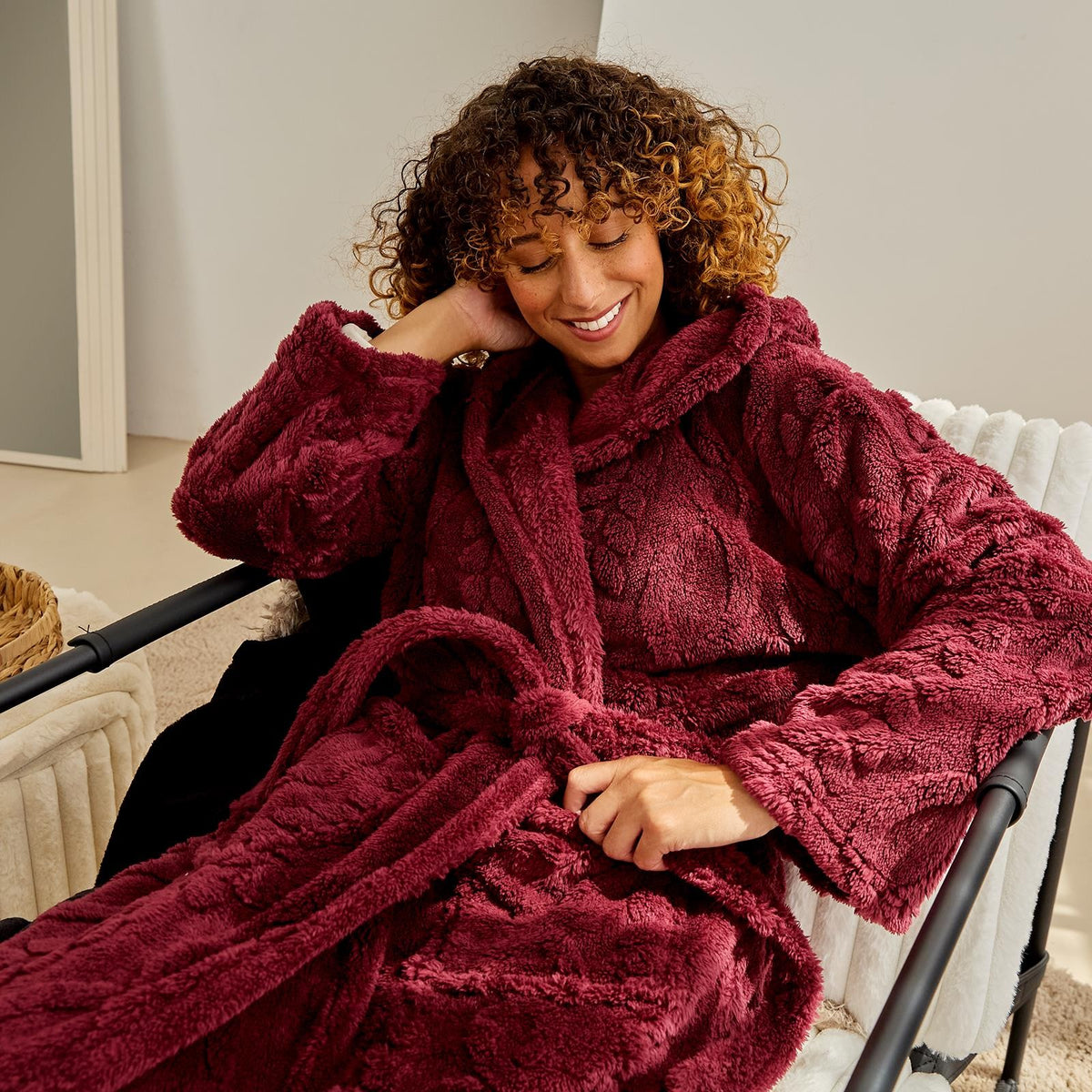 OHS Cable Knit Dressing Gown Flannel Fleece Winter Loungewear Hooded Bathrobe