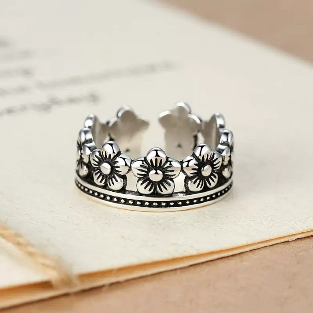 Vintage Flower Linked Adjustable Ring 925 Sterling Silver Women Girls Jewellery