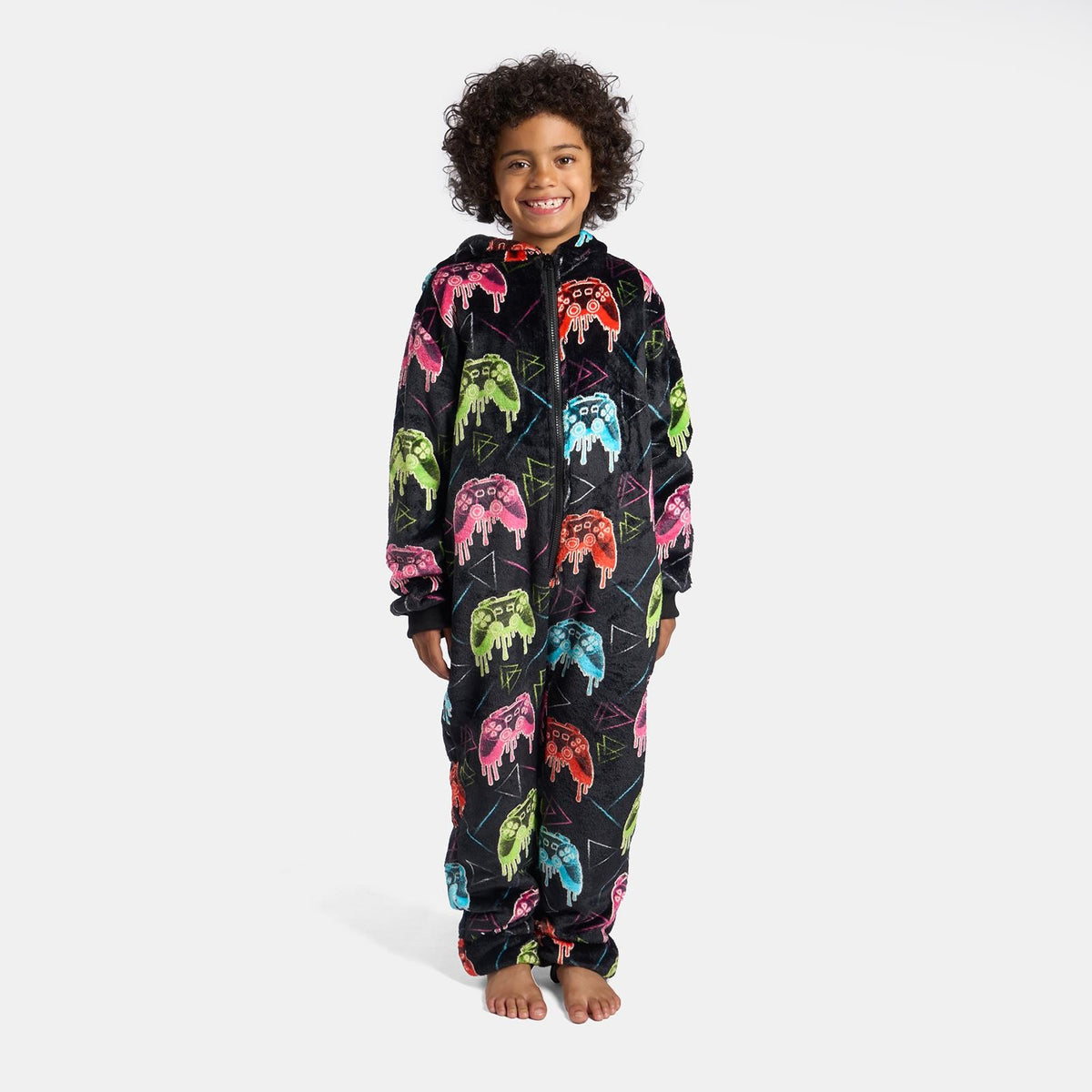 OHS Kids All In One Pyjama Glow in the Dark Gaming Print Sherpa Lined Loungewear