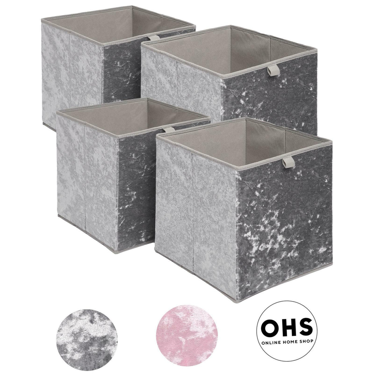 OHS Pack of 4 Crushed Velvet Storage Boxes Collapsible Foldable Square Cube Box