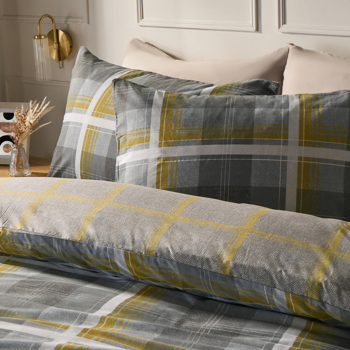 OHS Denim Check Duvet Cover with Pillowcase Tartan Bedding Set Ochre Grey