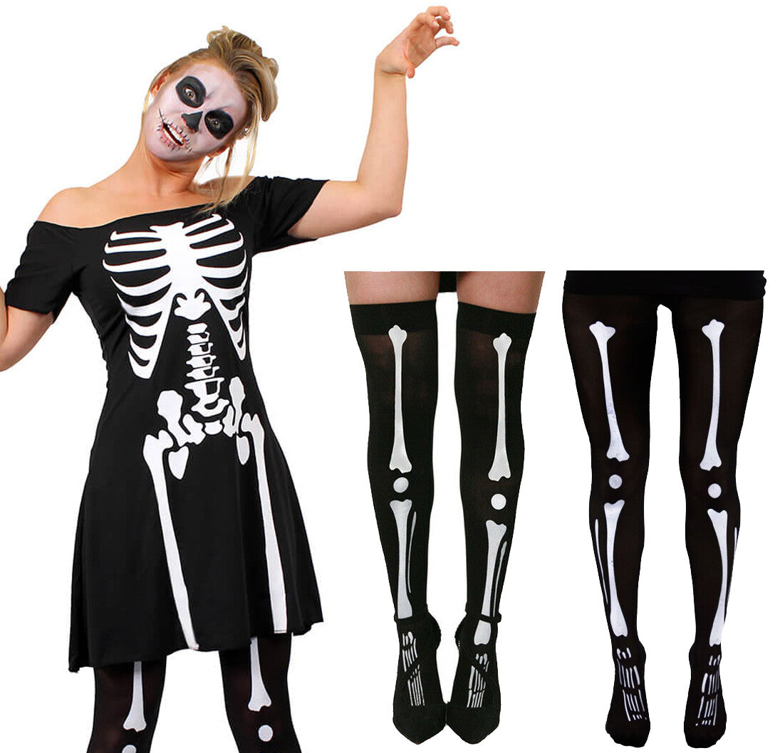 LADIES SKELETON COSTUME BLACK SKATER DRESS HALLOWEEN FANCY DRESS SIZES UK 6/18