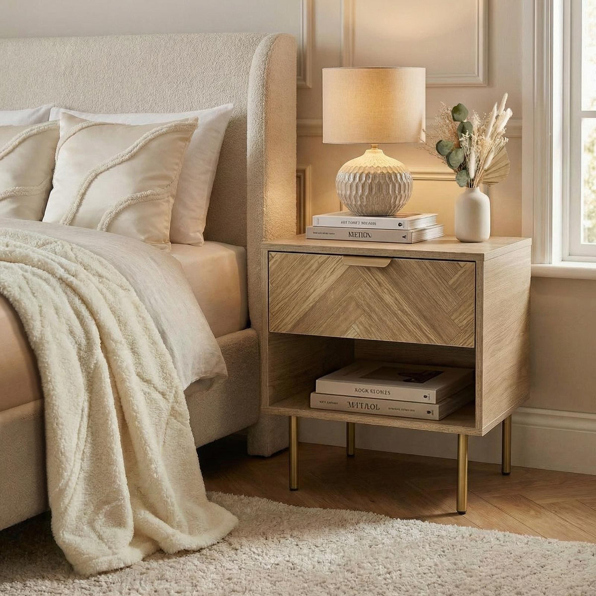 OHS Chevron Bedside Nightstand 1 Drawer Storage Unit Wooden End Table