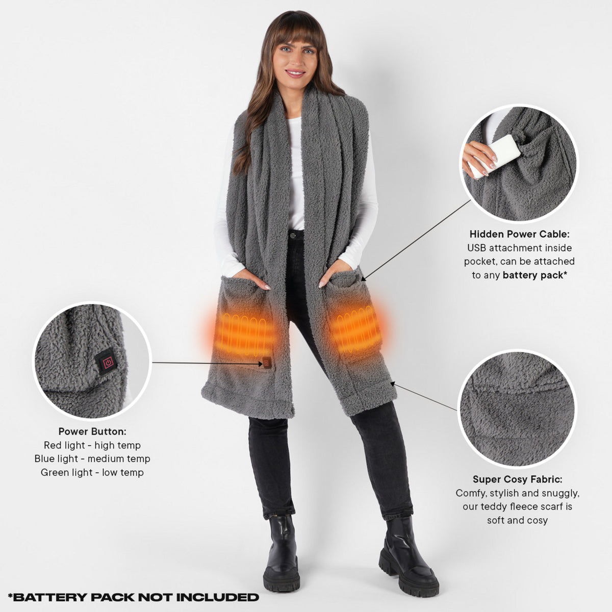 Teddy Fleece Scarf Heated Long Pockets Warm Wrap Shawl Scarves USB Power Bank