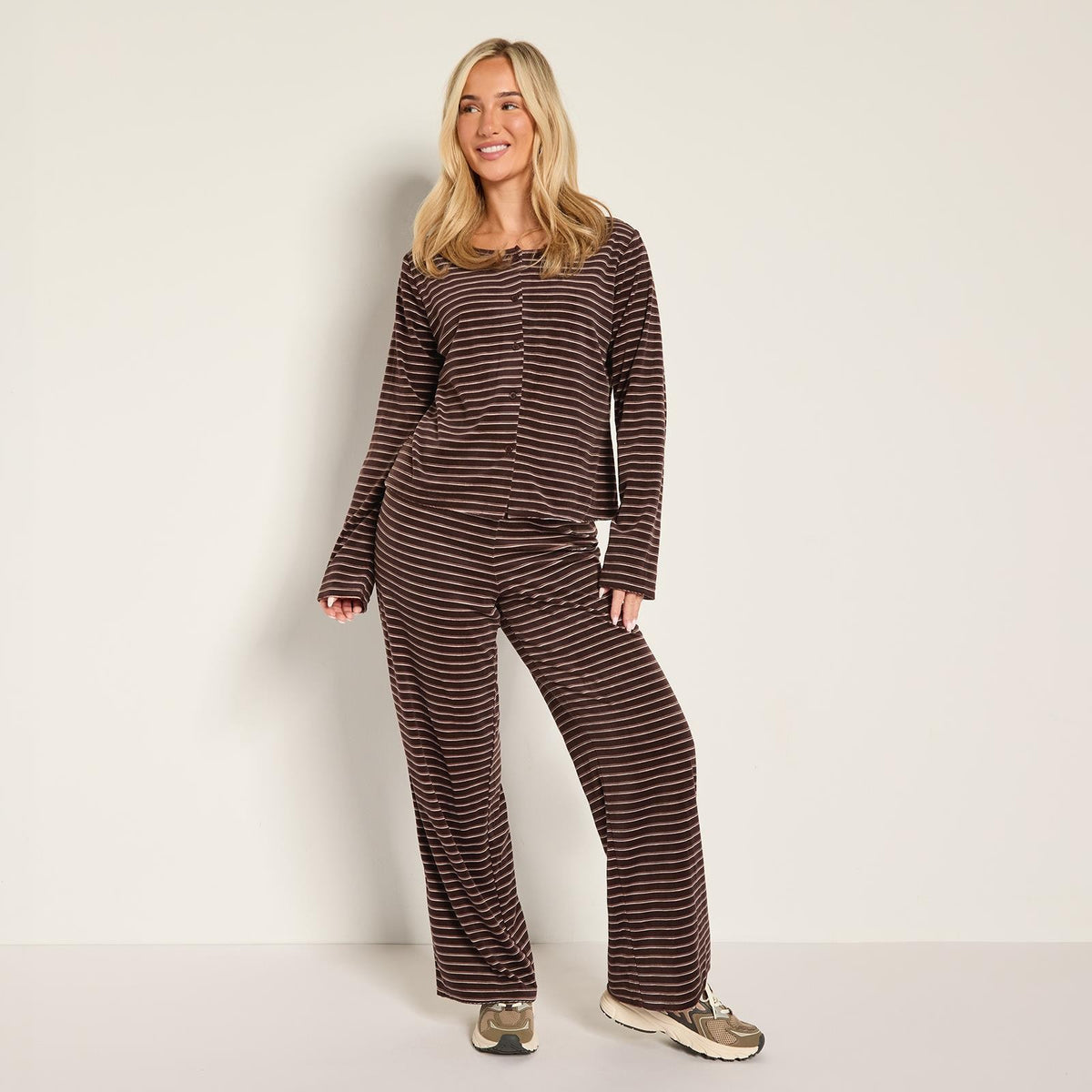 OHS Matte Velvet Loungewear Co-Ord Set Stripe Print Button Through Nightwear